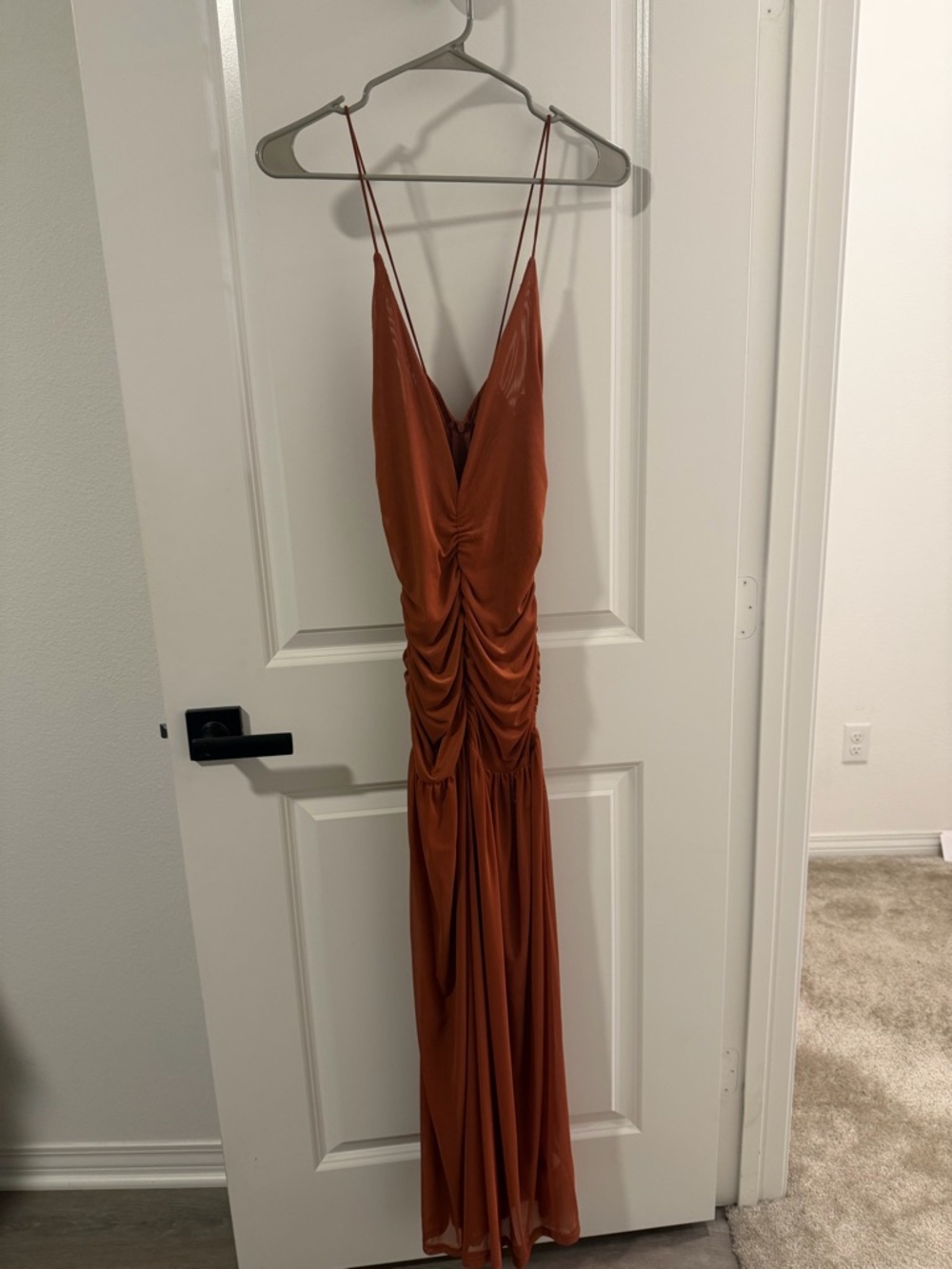 Muse Rust Spaghetti Strap Ruched Maxi Dress